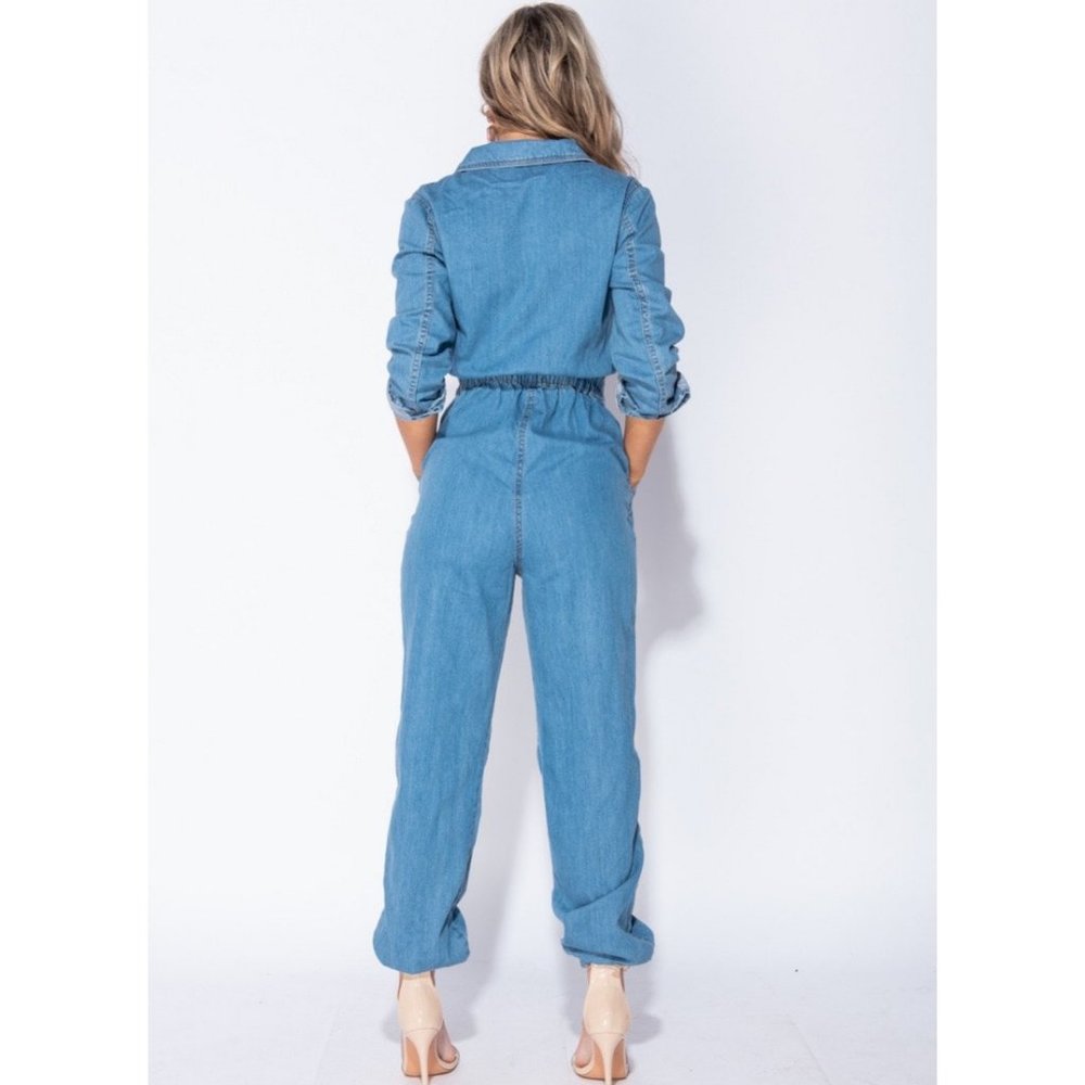 Long Sleeve Loose Denim Utility Boiler Jumpsuit - Picture 6 of 8